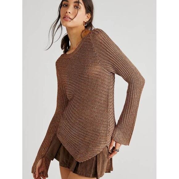 Free People Sweaters - New Free People Logan Ribbed Knit Sweater $128 SMALL Brown Metallic Shimmer